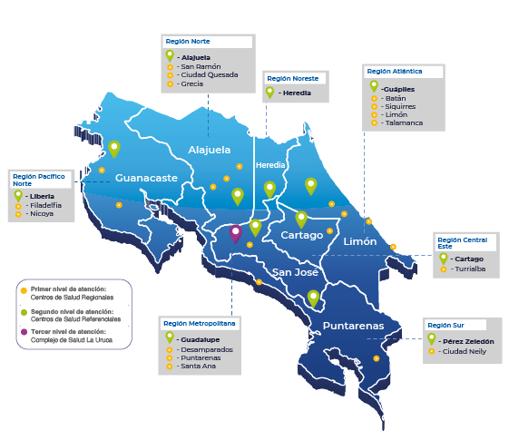 Imagen con mapa de Costa Rica que indica la ubicación y horario de cada Centro de Salud