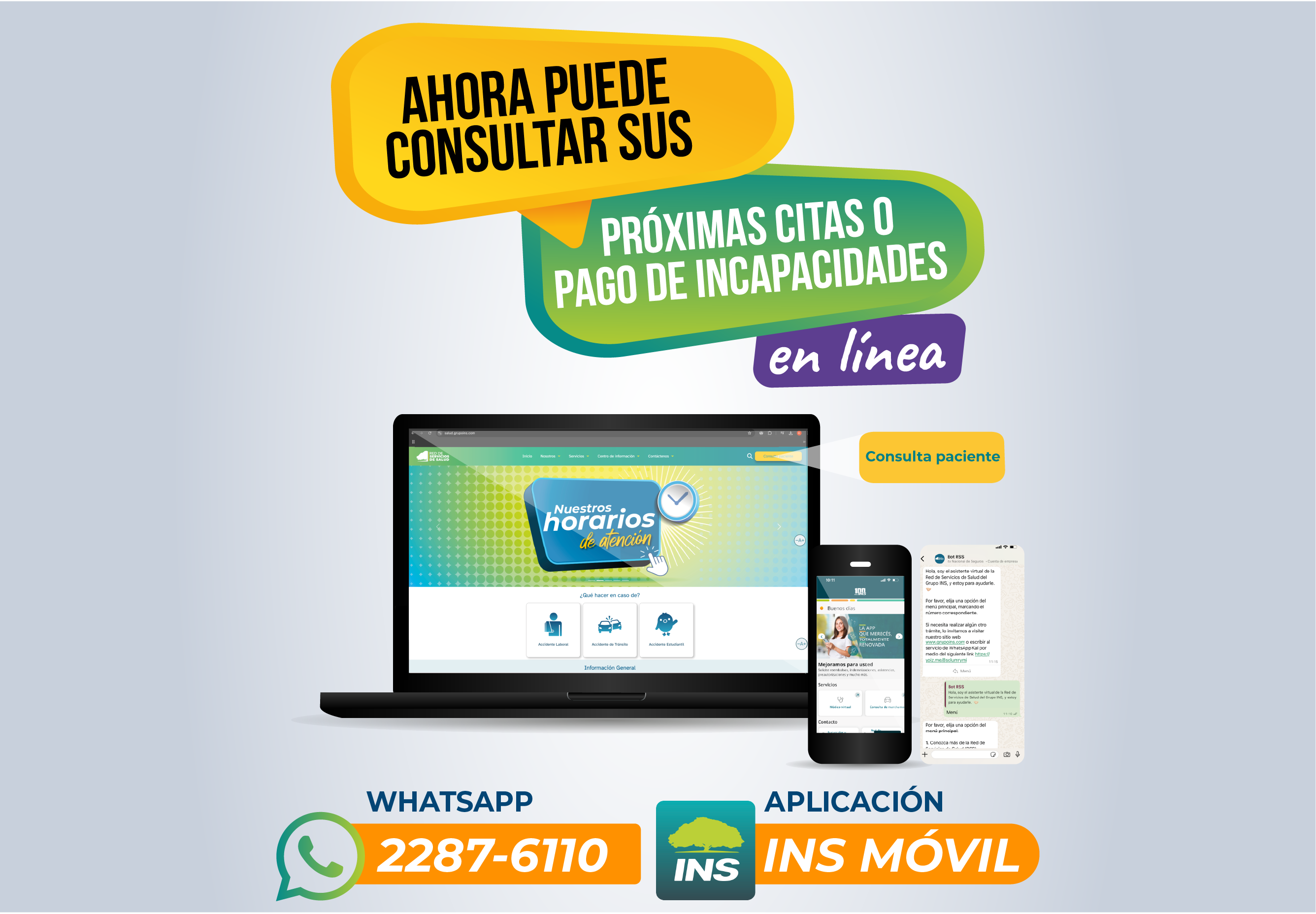 Imagen de una computadora con texto: Ahora puede consultar sus próximas citas o pago de incapacidades en línea en el botón amarillo que indica "Consulta Paciente"