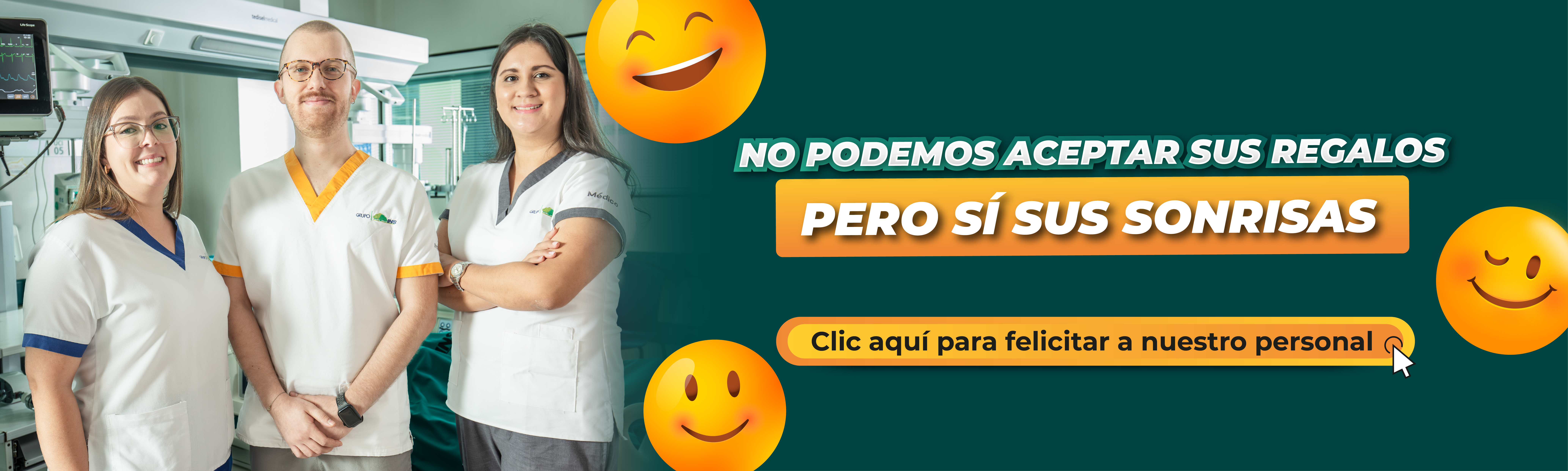 Imagen de emoticones sonrientes, en texto: No podemos aceptar sus regalos pero sí sus sonrisas, felicite a nuestro personal aquí