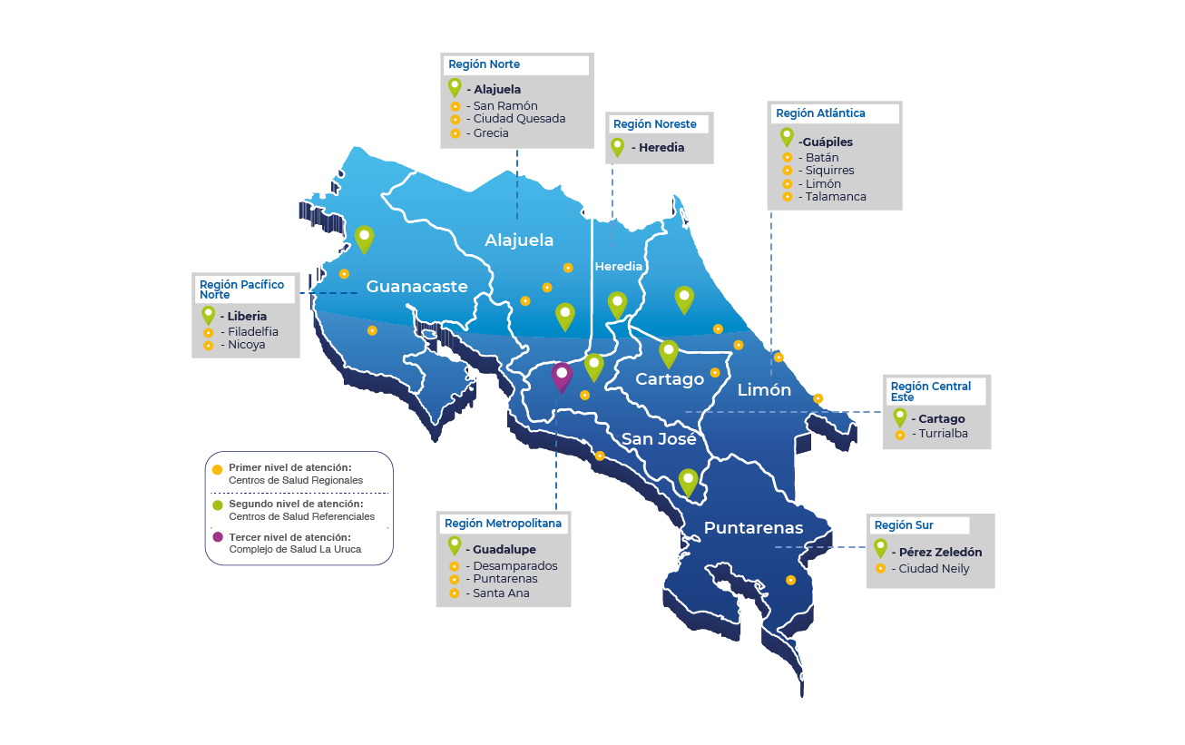 Imagen con mapa de Costa Rica que indica la ubicación y horario de cada Centro de Salud