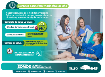 Persona hospitalizada saludando al personal de salud, en texto se leen los horarios de diciembre: atención 24/7 en el complejo La Uruca, consulta externa cerrado solamente el 25 de diciembre y 01 de enero