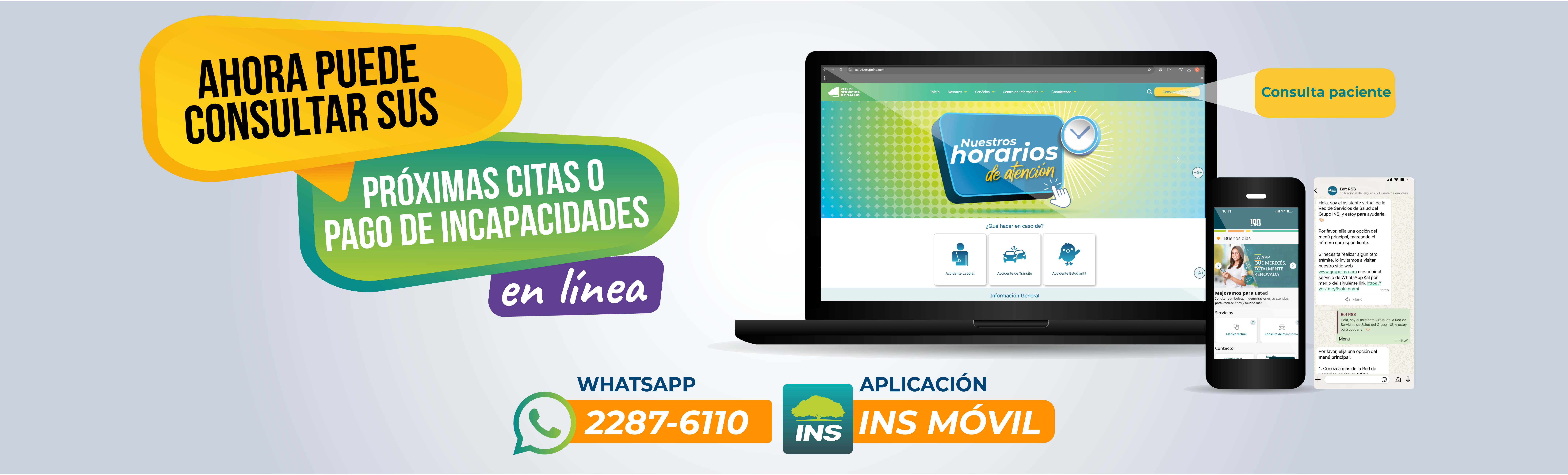 Imagen de una computadora con texto: Ahora puede consultar sus próximas citas o pago de incapacidades en línea en el botón amarillo que indica "Consulta Paciente"