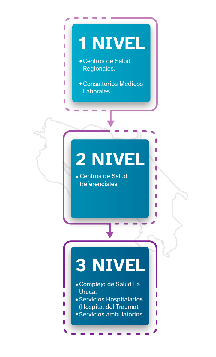 Primer nivel de atención: Centros de Salud Regionales y Consultorios Médicos Laborales, Segundo nivel: Centros de Salud Referenciales. Tercer nivel: Complejo de Salud La Uruca, Hospital del Trauma, Servicios ambulatorios