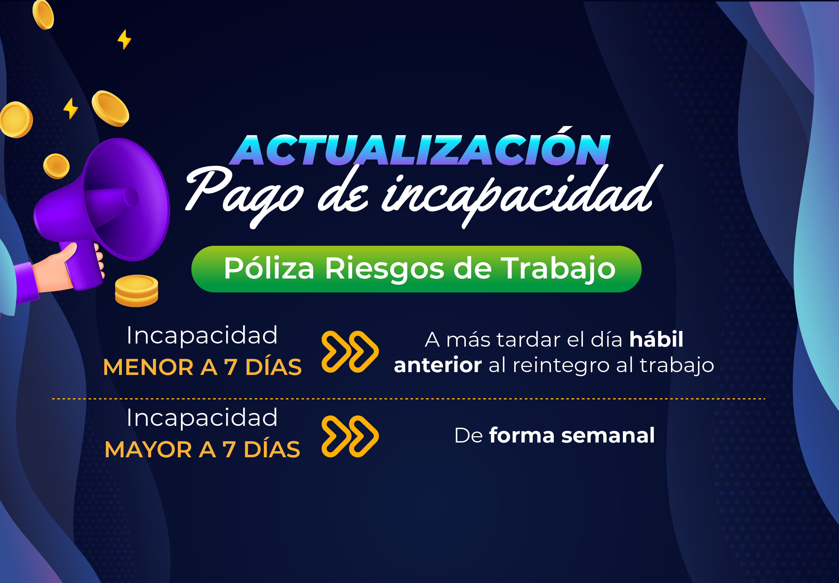 Imagen con texto que indica: Actualización de pago de incapacidad, póliza de riesgos de trabajo