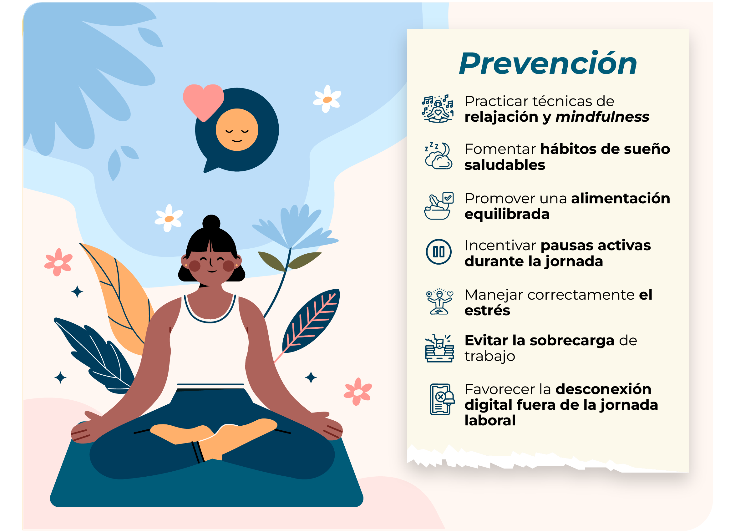 Prevención: respetar horas de sueño, controlar el estrés, tener buena alimentación, practicar técnicas de relajación, promover desconexión laboral, hacer pausas activas