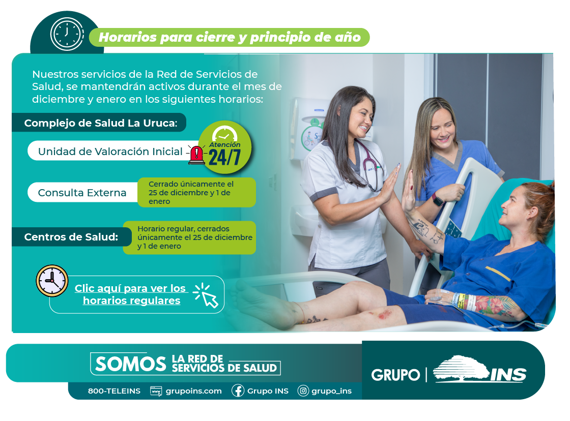 Persona hospitalizada saludando al personal de salud, en texto se leen los horarios de diciembre: atención 24/7 en el complejo La Uruca, consulta externa cerrado solamente el 25 de diciembre y 01 de enero