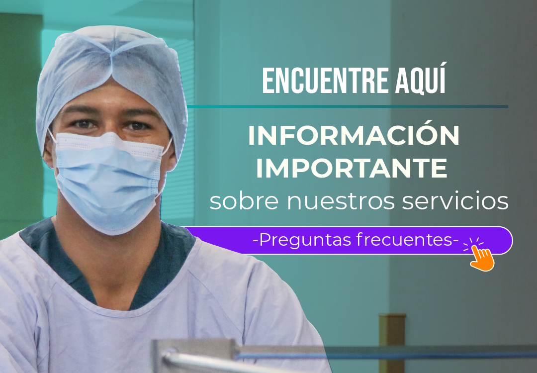 Hombre viendo a cámara con cubrebocas y cobertor de cabello, en el texto: Encuentre aquí información importante sobre nuestros servicios, hacer clic para ingresar a las preguntas frecuentes